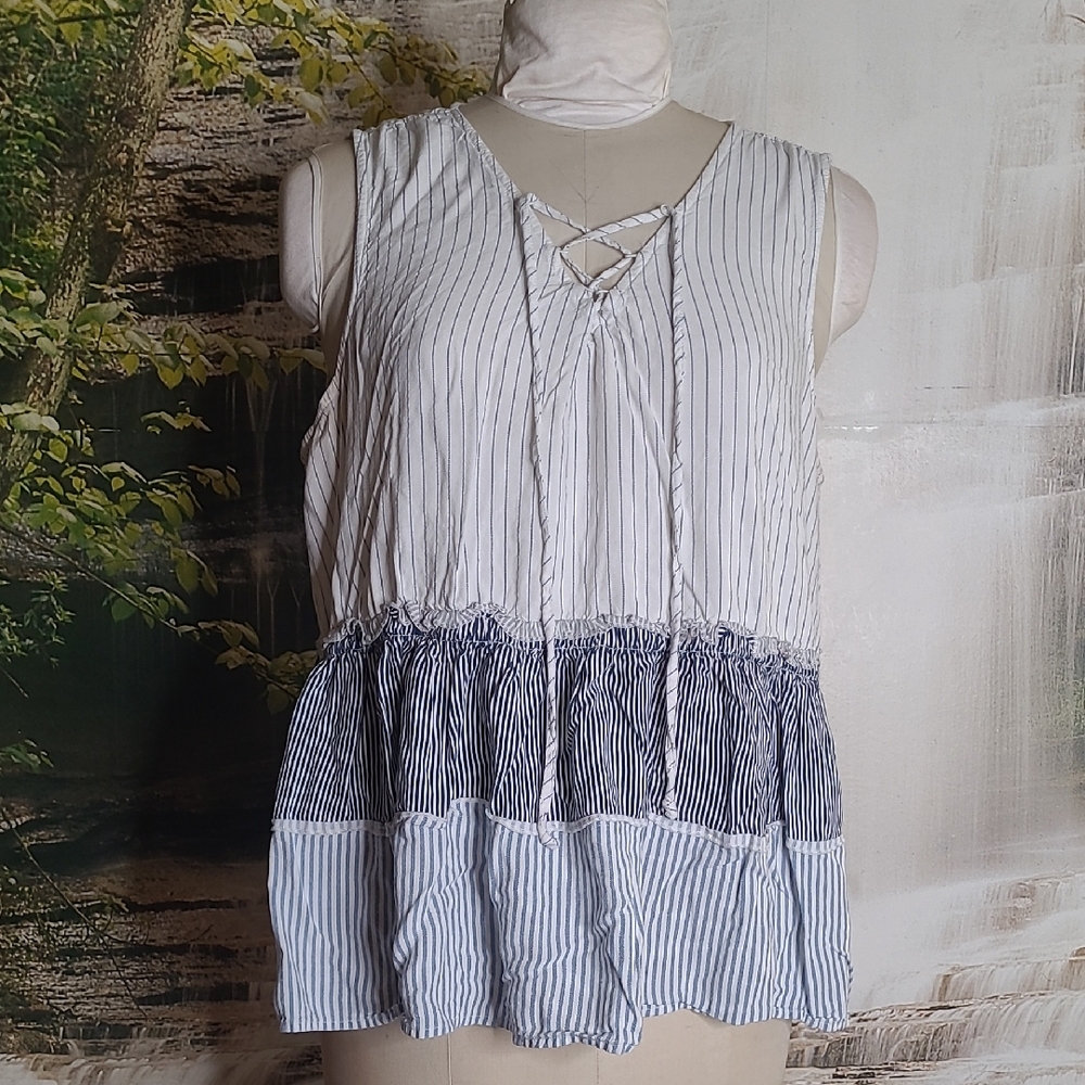 Maurices Womens 3X Navy Blue White Striped Sleeveless Ruffle Flowy Top